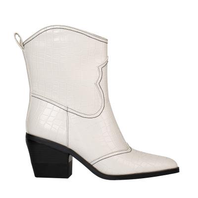 China Waterproof 7.2cm Square High Heels Pointed Toe White PU Short Boots For Women for sale