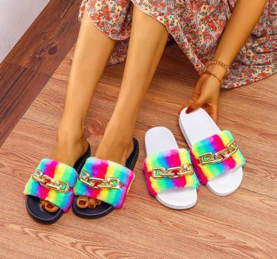 China CUSHIONING Fur Rainbow Chain Slippers Woman Plush Home Slippers High Quality Soft Bottom Slippers for sale