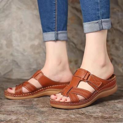 China Fashion Trend Summer Women Wedge Retro Sandals Premium Orthopedic Open Toe Leather Anti-skid Female Casual Platform Shoes for sale