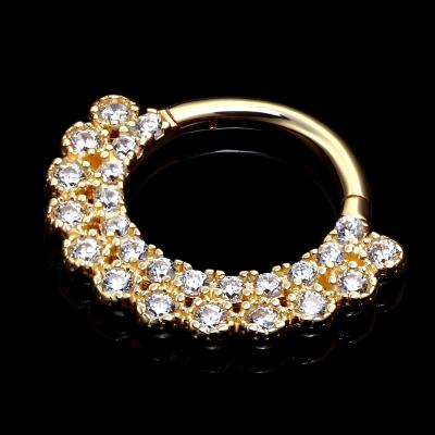 China CLASSIC Piercing Stories 14K Solid Gold Paved Double Segment Rings Body Jewelry Hinged Hinged Earring Clicker for sale