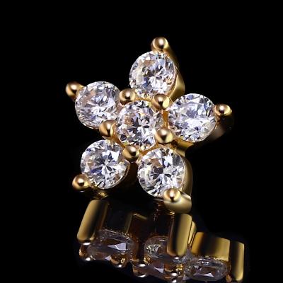 China Gold Stories 14K Yellow Solid Gold Flower CZ Piercing Clear Stones Internally Threaded Piercing Labret Body Jewelry for sale