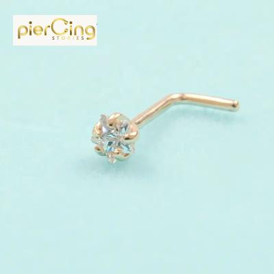 China CLASSIC Stories 14K Solid Gold Fork Set Piercing Star Shape CZ L-shapee Nose Stud Body Jewelry Piercing Nose Ring for sale