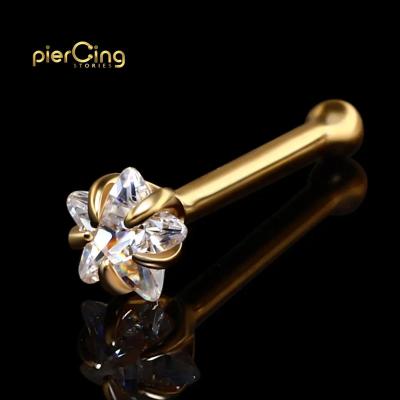 China CLASSIC 14K Solid Gold 20G Yellow Piercing Fork Set Stud Star Shaped Body Nose Bone CZ Piercing Jewelry for sale