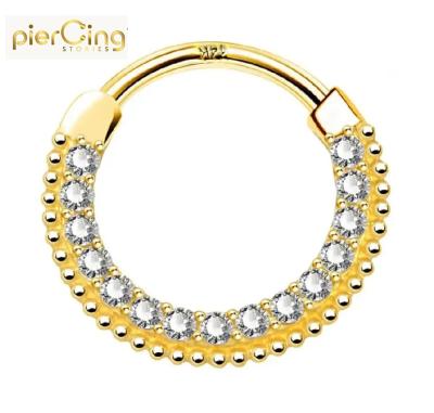 China CLASSIC Piercing Stories 14K Solid Gold Paved Septum Ring 18K Yellow Gold CZ Hinged Clicker Circle Clear Body Jewelry for sale