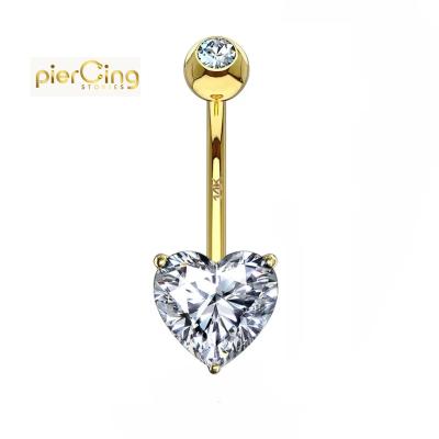 China FASHIONABLE Stories 14K 18K Solid Gold Piercing Fork Set Heart CZ Stone Belly Button Lower Belly Button Ring Piercing Jewelry for sale