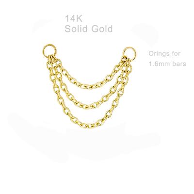 China CLASSIC Triple Piercing Solid Gold Stories 14K 18K Striped Small Polo Charm Body Jewelry Filled Earring Chain for sale