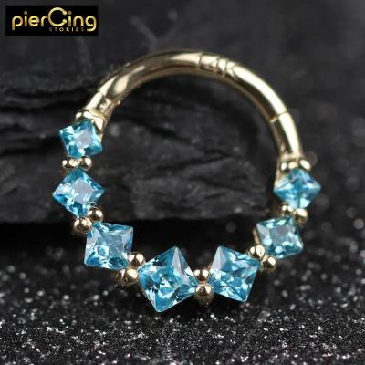 China CLASSIC Stories14K Yellow Gold Aqua CZ Piercing Stones Nose Stud Tragus Piercing Clicker Hinged Segment Ring 18k Gold Jewelry for sale