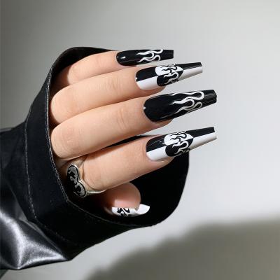 China Private Label Design 24 Pcs/Box Color Matching Black And White Flame False Nail Tips Full Cover Ballerina Press On Nails With Glue for sale