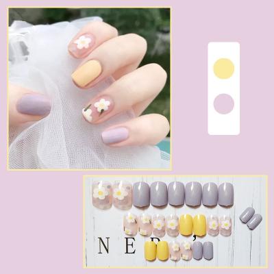 China Design 24 Pcs / Lot NEW Super Flower Short Pink Blue Nail Tips With Glue Jelly Full Cover Press On Nails False Nail for sale