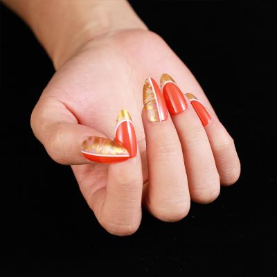 China Custom Design 24 Pcs / Box Logo Amazon Hot Red Gold Short Full Cover Almond Almond Press On Nail Art Artificial Fingernails ABS Nails for sale