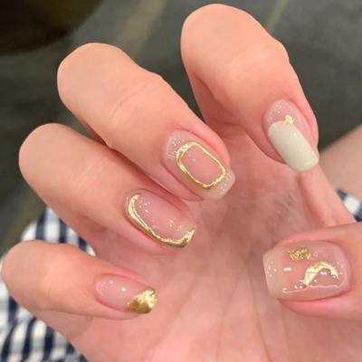 China 24Pcs/Box Design Gold White Short Square Fake Nails With Design Press On Nails With Glue Custom Logo Artificial Fingernails for sale