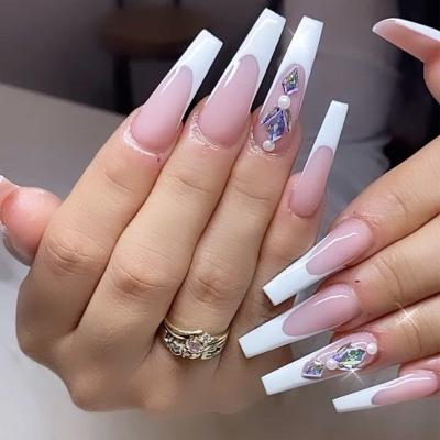 China Hot Sale 24 Pc/box Design Artificial Ballerina French Nails With Rhinestone Full Cover Fake Nails Designed Press On Nails Packaging Box for sale