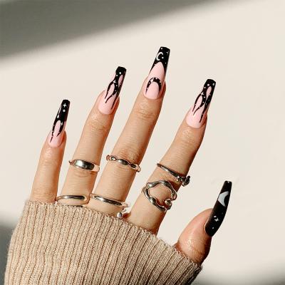 China Hot Tik Tok Design 24 PCs/Portable White Long Box Black Star And Moon Nail Art Artificial False Nails Custom Press On Nails for sale