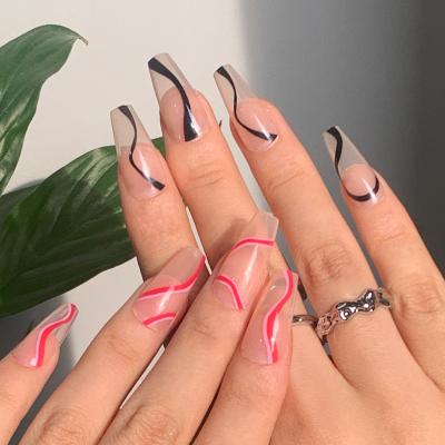 China Wholesale 24 Pcs Design/Custom Logo Press False Nails Full Cover Box Wave Color Transparent Stripes On Nails Art for sale