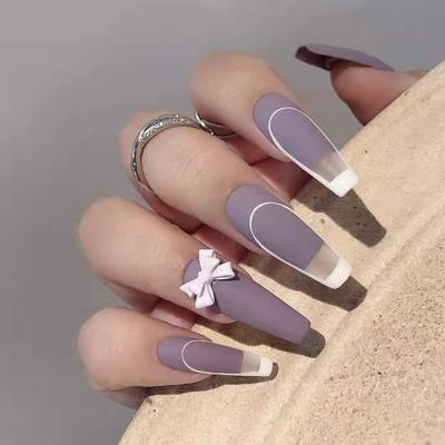 China Design 24 Pcs / Lot Purple French Lines 3D White Bow Wearable Fake Nails Ballerina Fake Nail Tips Press On Nails for sale