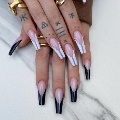 China Design 24 pcs/lot Black And White Geometric Ballerina Coffin Decoration Fake Nail Tips With Full Coverage Glue Press On Nails for sale