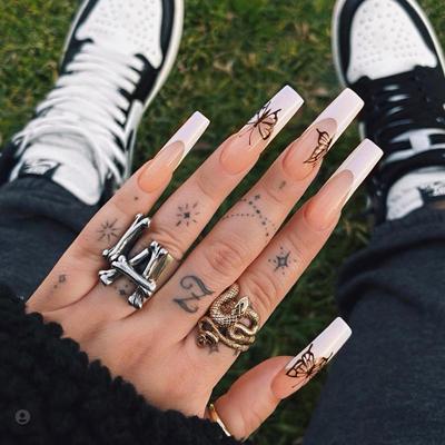 China Design 24 Pcs / Lot Long French Nails With Butterfly Pattern Decoration Ballerina Fake Nail Tips With Glue Full Coverage Press On Nails for sale