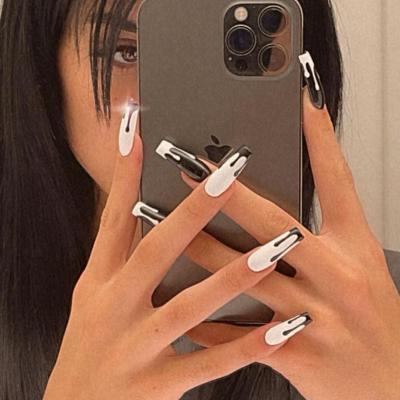 China Design 24 pcs/lot Black And White Geometric Ballerina Coffin Decoration Fake Nail Tips With Full Coverage Glue Press On Nails for sale