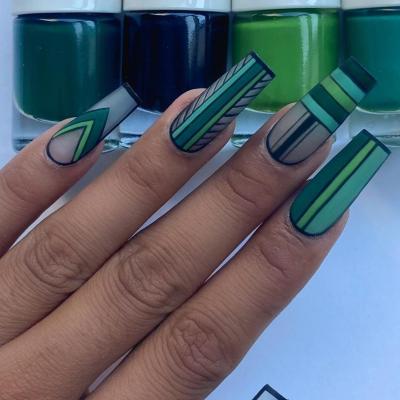 China Design 24 Pcs / Spell Fashion Forest Style C Curve Green 3D Striped Geometric Coffin Nail Tips With Glue Press On Nails for sale