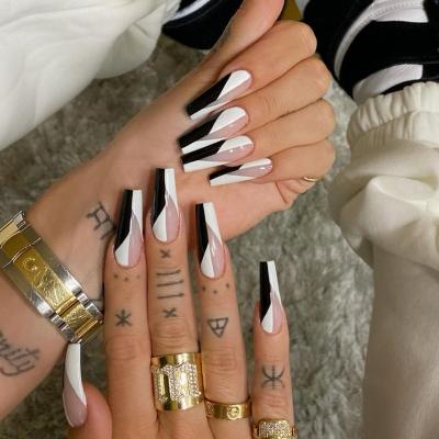 China Design 24 pcs/lot Black And White Geometric Ballerina Coffin Decoration Fake Nail Tips With Full Coverage Glue Press On Nails for sale