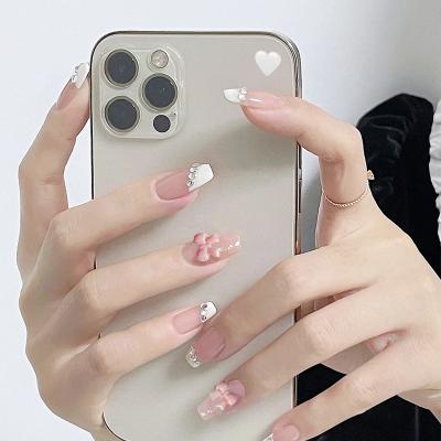 China French Tik Tok Hot 24 Pcs/Box French White-Edged Fake Nails With Pink Bows And Rhinestones Custom Press On Nails for sale