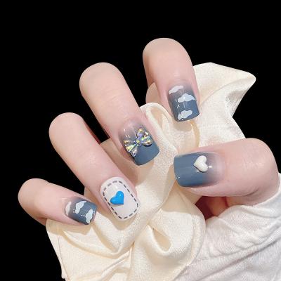 China Hot sale 24 pcs design/blue heart decoration love bow box gradient cute fake nail art press on nails for sale