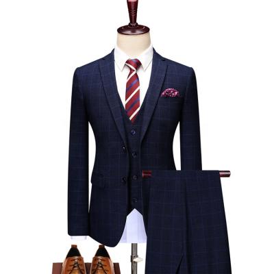 China Anti Shrink Top Sale Regular Fitted Dark Navy Color Checked TR Notch Lapel Single Breasted 3 Pieces Mens Suit for sale