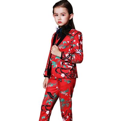 China 2019 New Fashion Girls Formal Style Girls Red Birds 3pieces Butterfly Flowers Christmas Flower Suit Coat Vest Pant Suit for sale