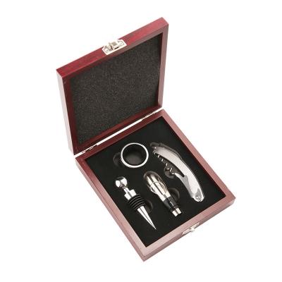 China 4 in 1 corkscrew& halt& pourer& Drip Ring Wine Accessories Gift Set Wooden Box 4pcs Wine Opener Set for sale