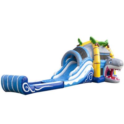 China Outdoor Inflatable Shark Castle Bouncy Water Slide With Pool Cartoon Animal Shark Bouncer Castle Slides Combo On Sale for sale