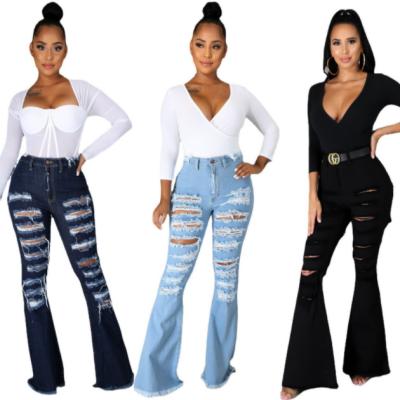 China 2022 Wholesale Ripped Bell High Elastic Waist Flare Denim QUICK DRY Bottom Ripped Women Jeans Flared Jeans for sale