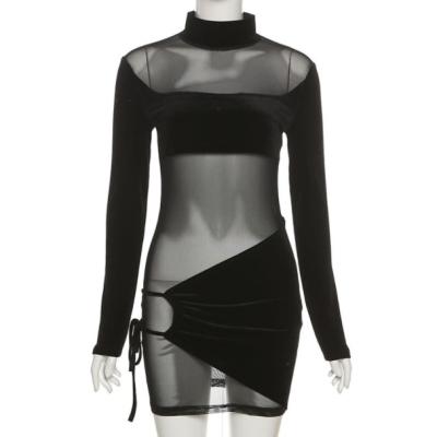 China 2022 New Spring Women's Long Sleeve Fashion Round Neck Breathable Stitching Hip Sexy Transparent Slim Fit Dress for sale