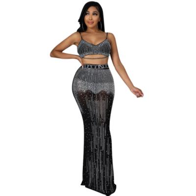 China Sexy Women's Two-piece Suit Mesh Party Nightclub Breathable Sheer Long Camisole Dress for sale