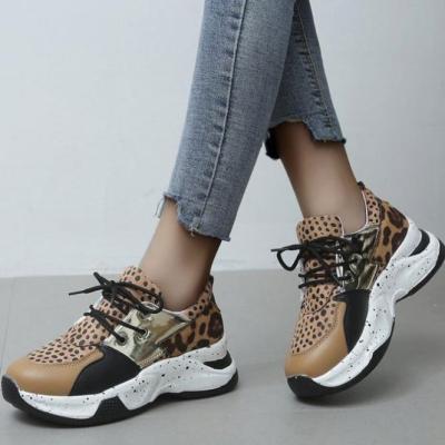 China New Autumn Women's Thick-soled Leopard Printing Color-blocking Quick-drying Lace-up Casual Sneakers for sale