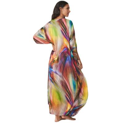 China Women's Anti-Shrink V-Neck Cover-Up Colorful Printing Casual Dresses Beach Holiday Shirt for sale