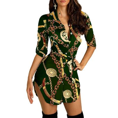 China Breathable Chic Print Chain Print Women Half Sleeve Mini Sexy Short Dress Gold Casual Shirt Dresses for sale