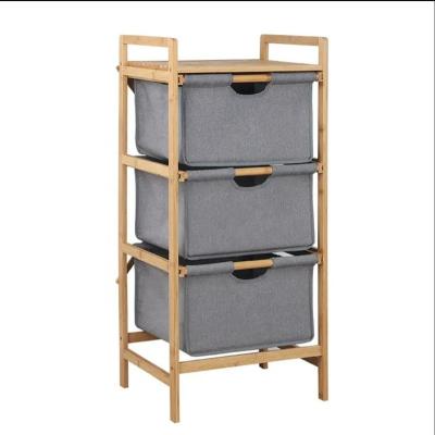 China Wooden Home Clothes Storage Basket Organizer Hotel Laundry Basket 3 Section Folding Bamboo Folding Divider Home Wooden Shelf For Bathroom for sale