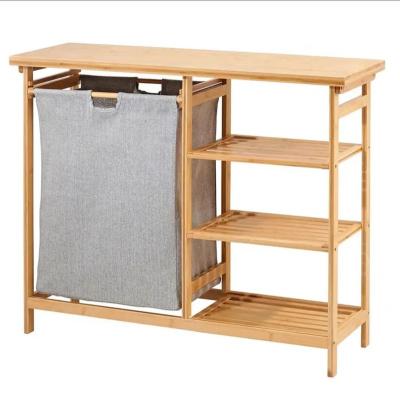 China Home Wholesale Good Quality 4 Tier Custom Laundry Storage Rack Hotel Corner Shelf Bathroom Bamboo Wooden Laundry Hamper Basket With Cloth Bag for sale