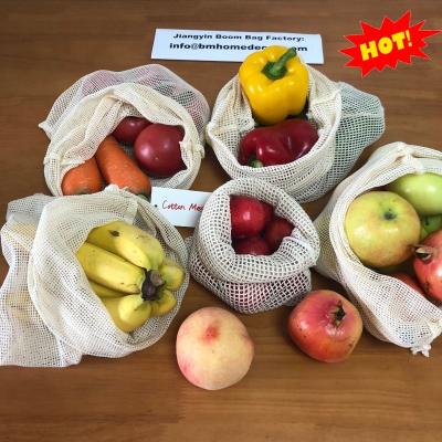 China Rope Handle Reusable Organic Cotton Mesh Produce Bag With Drawstring For Grocery Fruit And Vegetable for sale