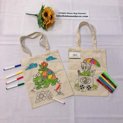 China Reusable Handled Kids Cartoon Printing DIY Painting Canvas Coloring Drawing Tote Bag for sale