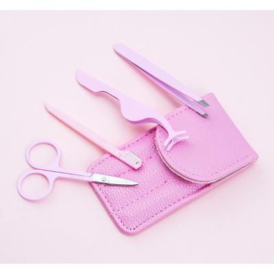 China 4 Pieces Portable Pink Black Right Handed Scissors Customize Logo Private Label Eyelash Tweezers Clip Eyebrow Razor Scissor Kit With Leather Bag for sale