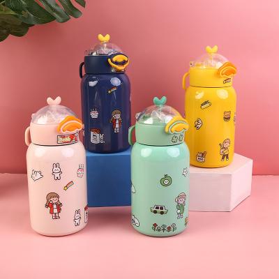 China Food Grade BPA Free Viable School 400ml Cute Kids Double Wall Stainless Steel Cartoon Water Bottle With Straw for sale