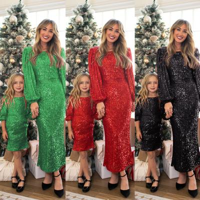 China JR Shiny Sparkly Sparkly Sequin Long Sleeve Beaded Parent-child Family Dress Christmas Party Dress for sale