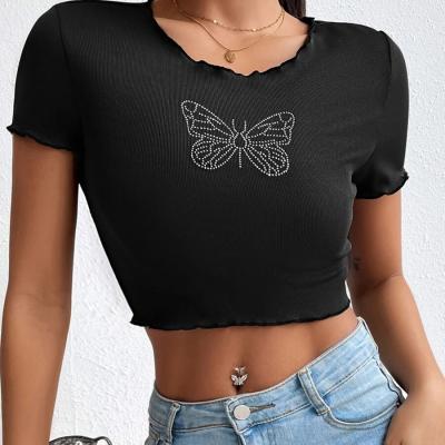 China Stretchy JR Custom Logo 95%Cotton 5%Spandex Rib Knit Rhinestone Butterfly Lettuce Trim T-Shirt Tee for sale