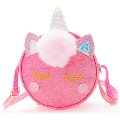 China Cute Kids Cute Unicorn Sling Bag with Plush Pompom Glitter Carton The Lovely Cross Body Bags for Kids for sale