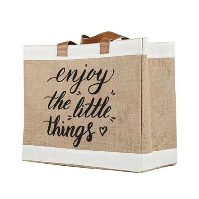 China Wholesale Cheap Hot Sale Handled Reusable Custom Logo Printed Grocery With Leather Handle Large Hemp Burlap Tote Bag Jute for sale