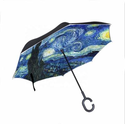 China Double Layer Traditional Reverse Inverted Umbrella With Van Gogh Starry Night Oil Painting Inside With Refective Piping for sale