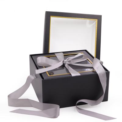 China Recyclable Luxury Gray Paper Box Skin Care Set Flower Clothes Cardboard Packaging Gift Box With Clear Window for sale