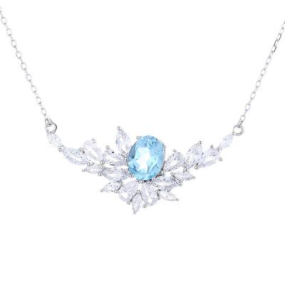 China S925 Sterling Silver High Quality Natural Gemstone Necklace 7*9 Fashionable Noble Blue Topaz Emerald Ruby Clavicle Chain Necklace For Women for sale