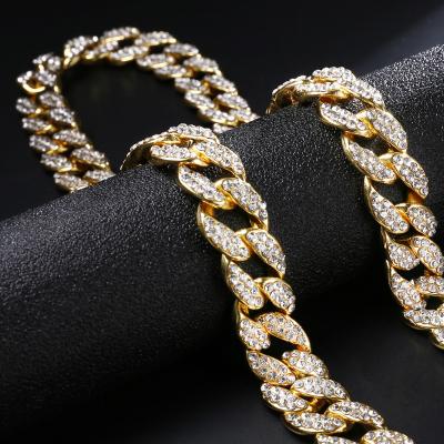 China 18K Gold Plated Hip Hop Miami 13-20MM Width Mens High Quality Men's Cuban Chain Zircon Rhinestone Bracelet Sparkle Necklace for sale